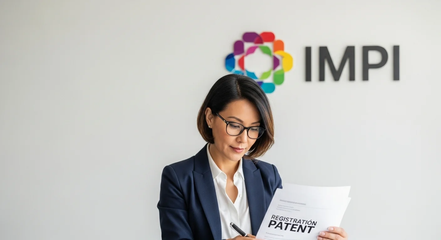 Emprendedor analizando documentos de registro de patentes con el logo del IMPI al fondo, representando el emprendimiento y las startups en México.