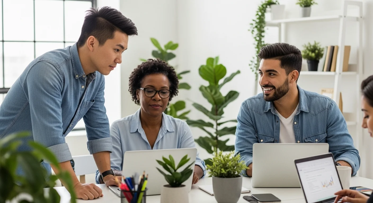 Un grupo diverso de emprendedores colaborando en una oficina moderna, simbolizando un emprendimiento rentable y el ecosistema de startups en México.