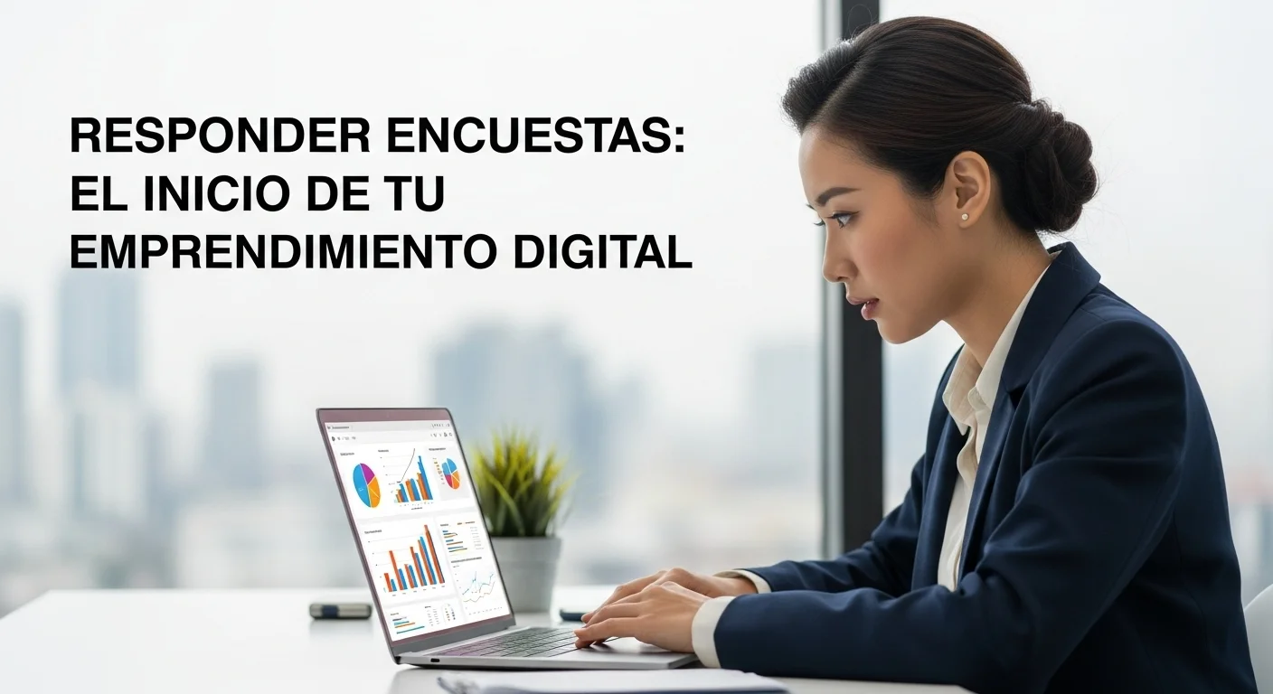 Una persona trabajando en una laptop con gráficos de encuestas y crecimiento, simbolizando el emprendimiento a través de responder encuestas online.