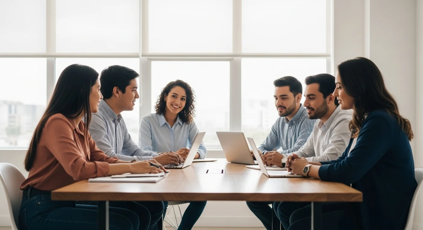 Equipo de emprendimiento mexicano en una reunión estratégica, discutiendo cómo conseguir dinero gratis a través de programas de apoyo y grants para su startup.