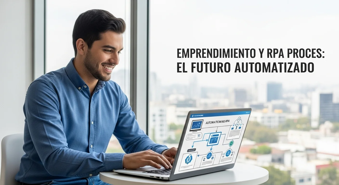 Emprendedor mexicano utilizando una laptop con diagramas de flujo de automatización de procesos rpa para su startup