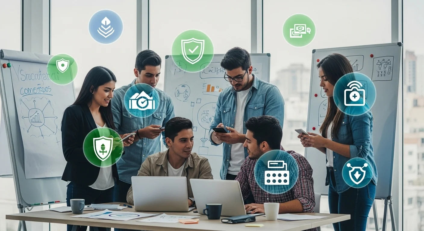 Un grupo de emprendedores mexicanos colaborando en una startup, con íconos de seguridad digital superpuestos, representando la importancia de la ciberseguridad y la protección de la información.