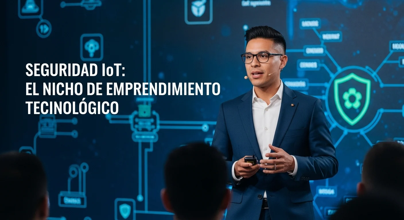 Emprendedor mexicano presentando una solución de seguridad IoT en un evento de startups con gráficos de ciberseguridad en el fondo.