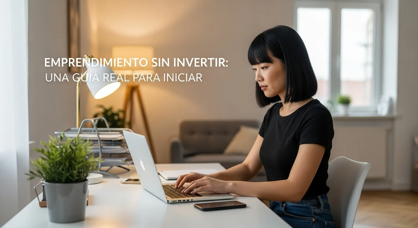 Una persona trabajando en una laptop en un escritorio minimalista, simbolizando el emprendimiento sin invertir desde casa.