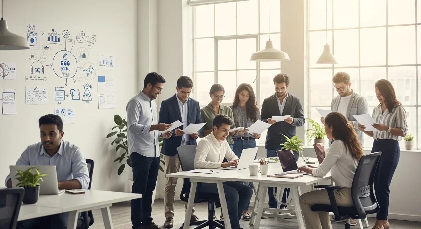 Equipo diverso de emprendedores sociales colaborando en una oficina moderna, con diagramas de impacto social y sostenibilidad en la pared.