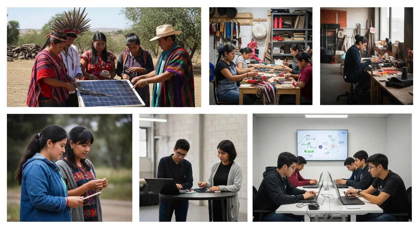 Collage de imágenes mostrando diversos emprendimiento sociales ejemplos en acción en México, como proyectos de energía solar, talleres de artesanía y startups tecnológicas.