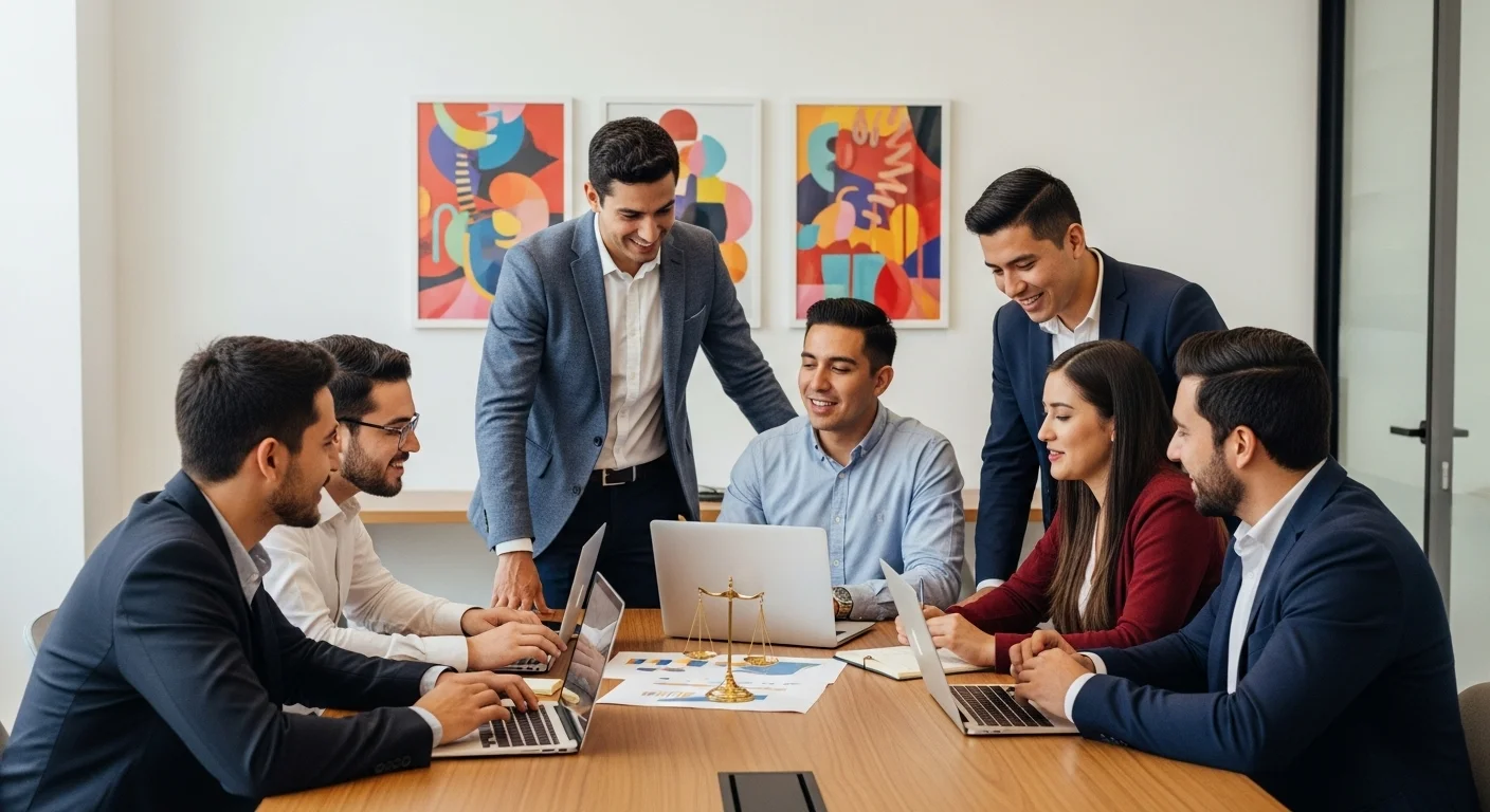 Equipo de jóvenes emprendedores colaborando en una oficina moderna, discutiendo sobre la estructura legal de su startup en México.