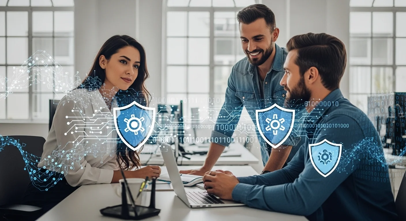 Equipo de una startup mexicana colaborando en una oficina moderna, con gráficos de ciberseguridad superpuestos, representando el emprendimiento y las soluciones tecnológicas.