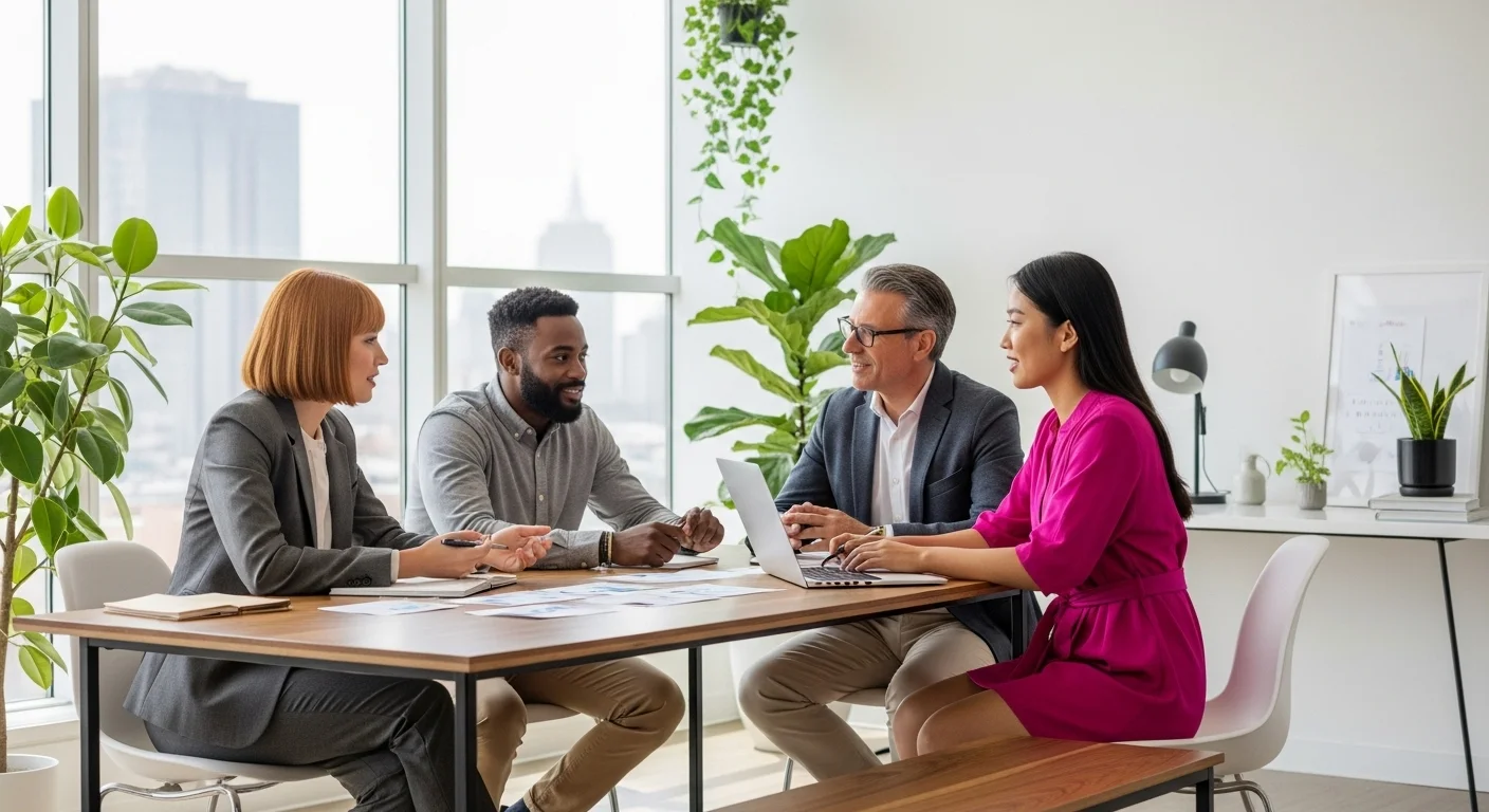 Un grupo diverso de emprendedores colaborando en un espacio de coworking moderno en México, discutiendo estrategias de financiamiento para su startup.