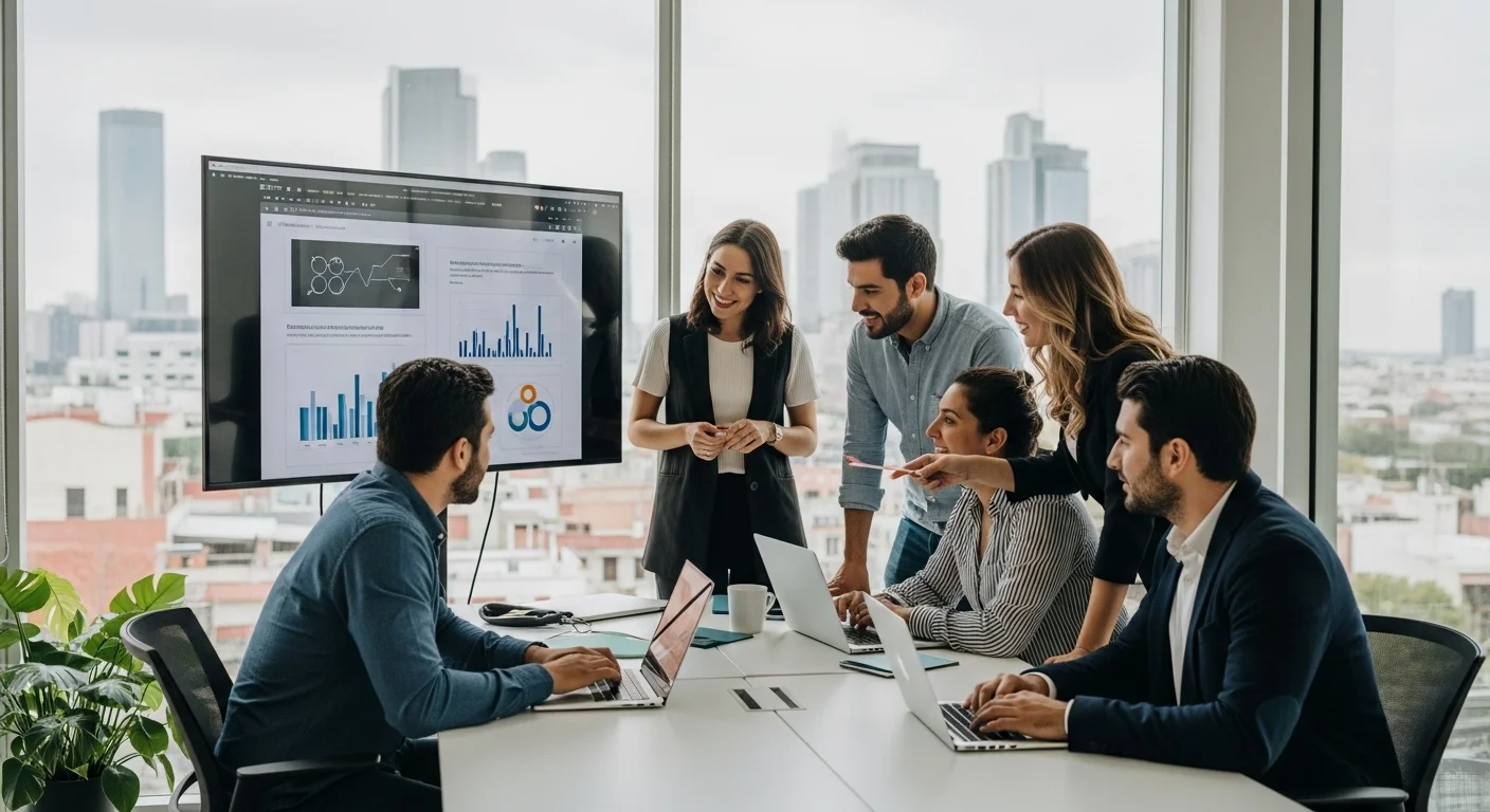 Emprendedores mexicanos colaborando en una startup de tecnología, representando el crecimiento y la innovación.