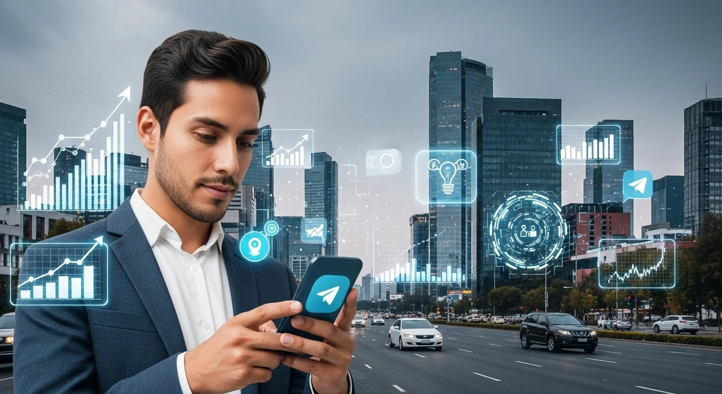 Una persona utilizando un smartphone con el logo de Telegram, en el fondo se aprecian gráficos de crecimiento y símbolos de emprendimiento y startups mexicanas.