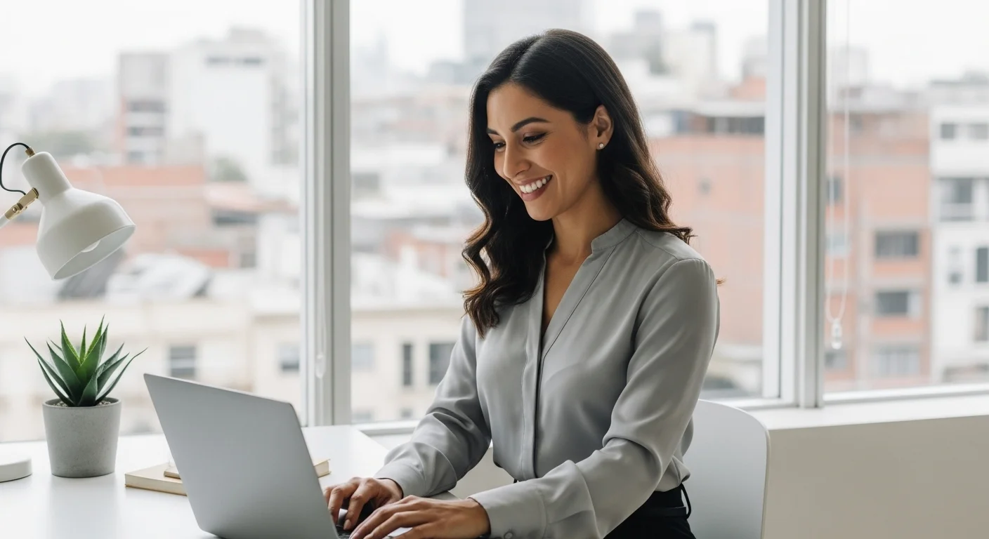 Una emprendedora en México sonríe mientras trabaja remotamente en su laptop, simbolizando el éxito del emprendimiento y teletrabajo.