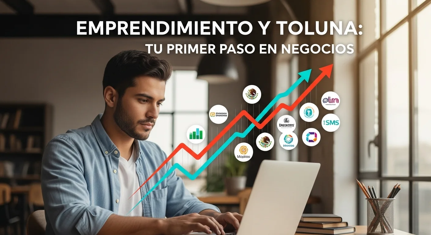 Una persona joven trabajando en una laptop en un espacio de coworking moderno, con gráficos de crecimiento y logos de startups mexicanas superpuestos, simbolizando el emprendimiento y la innovación.