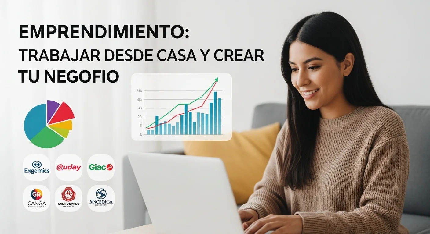 Una persona trabajando desde casa en una laptop, con gráficos de crecimiento de startups y logos de empresas mexicanas superpuestos.