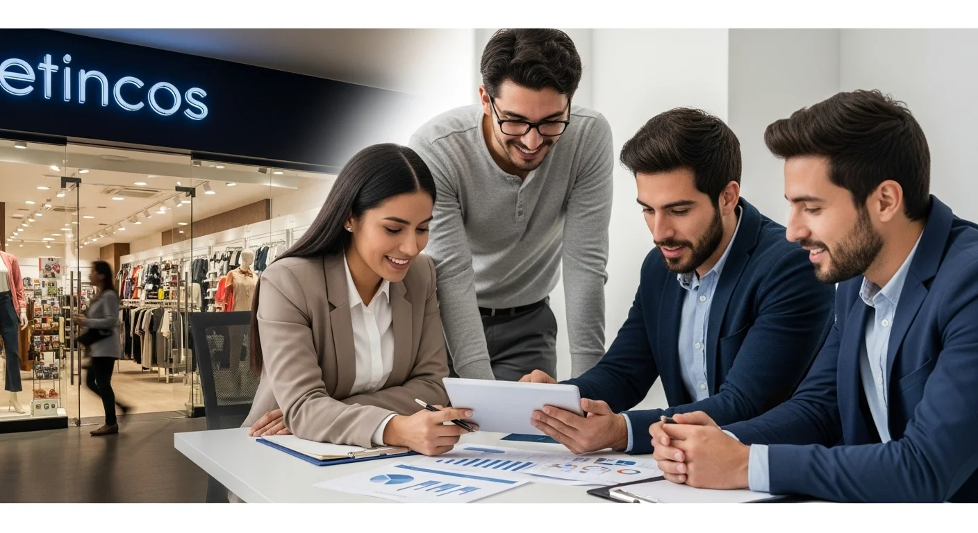 Emprendedores mexicanos en una reunión de estrategia de venta, analizando gráficos en una tableta con un punto de venta al fondo.