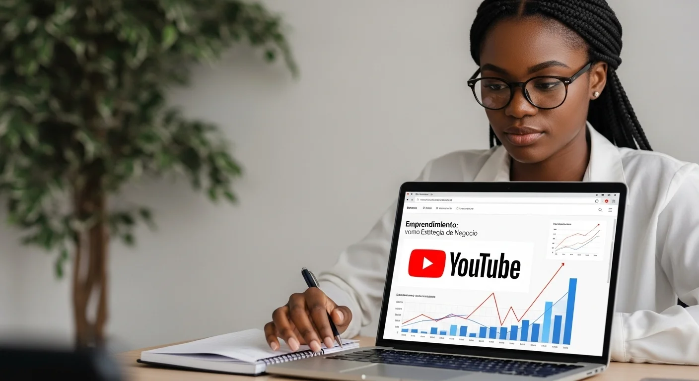Una persona viendo gráficos de crecimiento en una laptop con el logo de YouTube, simbolizando el emprendimiento y el análisis de datos en la plataforma.