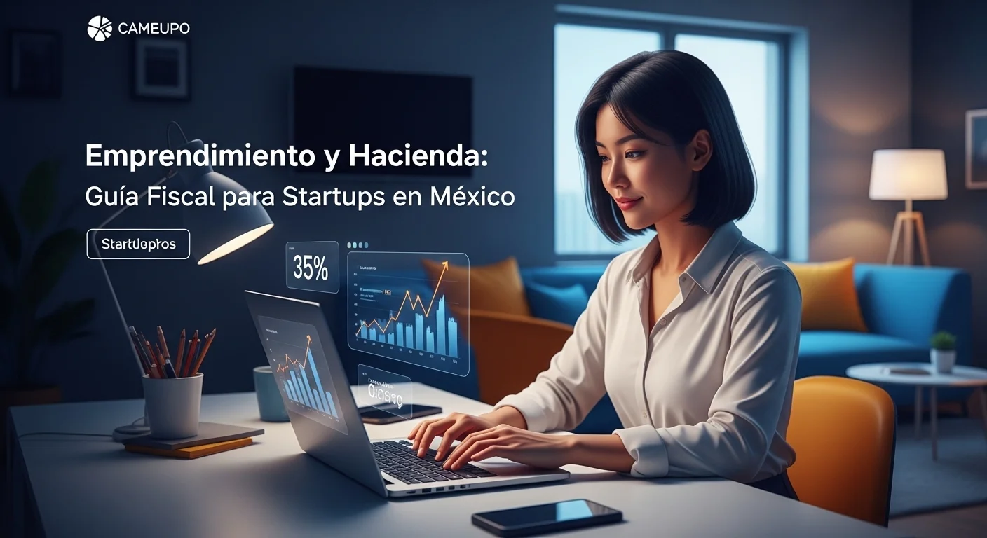 Una emprendedora trabajando en su laptop con gráficos de crecimiento, simbolizando la planeación fiscal de su startup ante Hacienda en México.