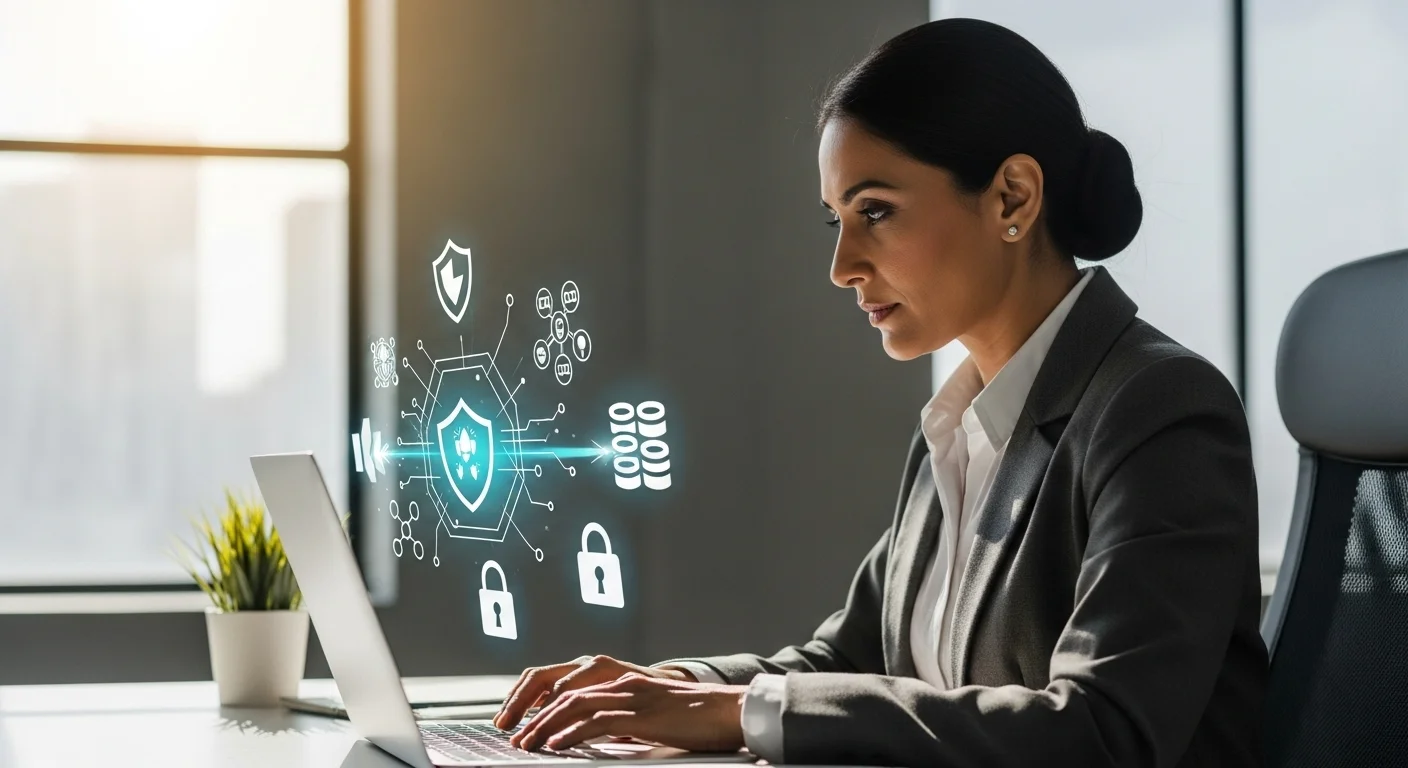 Una persona emprendedora trabajando en su laptop con iconos de seguridad cibernética superpuestos, representando la protección de una startup.