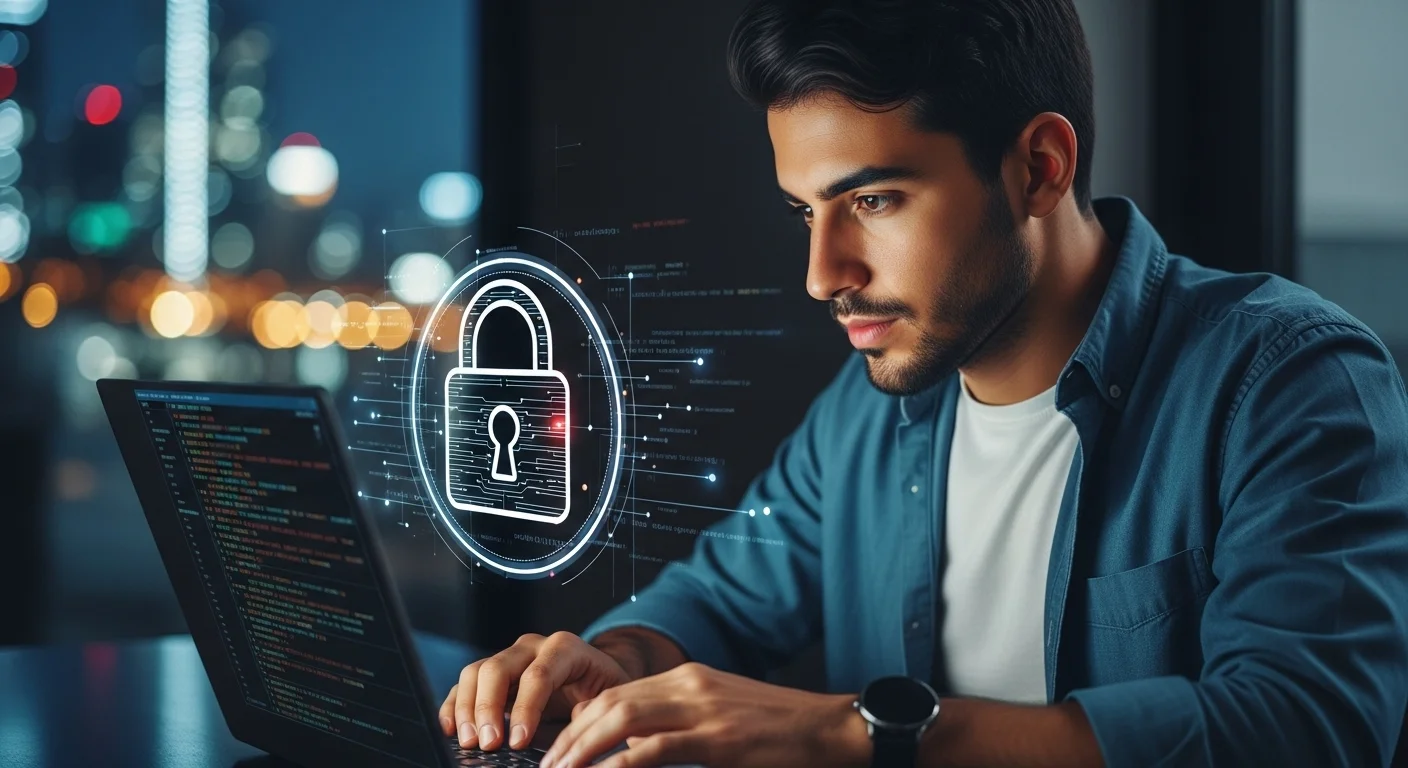 Un emprendedor trabajando en su laptop con un candado digital superpuesto, simbolizando la ciberseguridad en las startups.