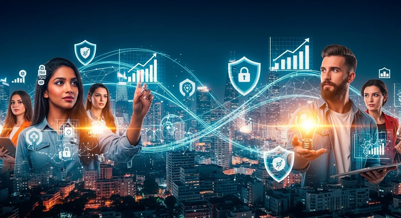 Una imagen conceptual que fusiona elementos de emprendimiento, como gráficos de crecimiento y bombillas de ideas, con símbolos de ciberseguridad como candados y escudos digitales, representando la protección de startups.