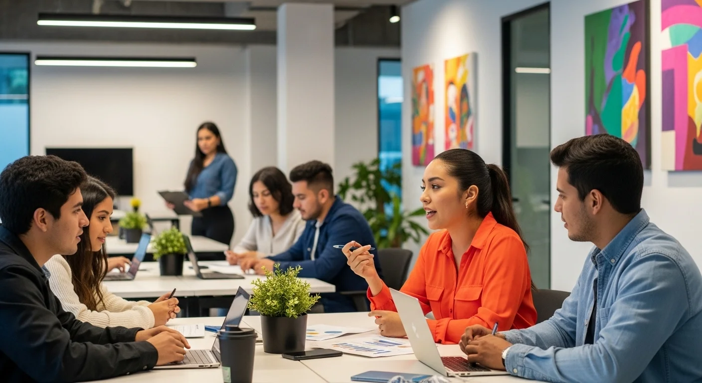 Equipo de jóvenes emprendedores mexicanos colaborando en un espacio de coworking moderno, discutiendo ideas innovadoras para startups.