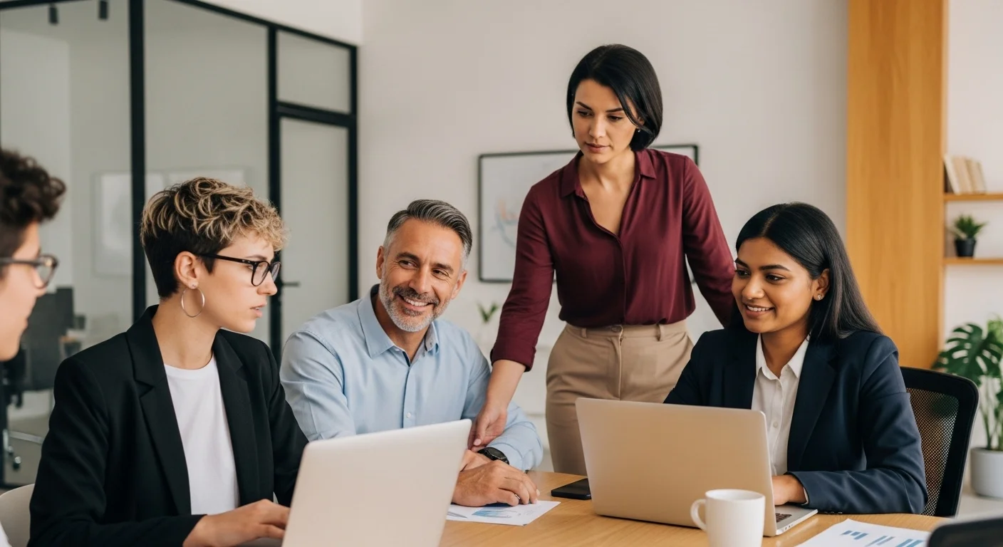 Un grupo diverso de emprendedores colaborando en una oficina moderna, representando el dinamismo de los emprendimientos rentables en México y las startups.