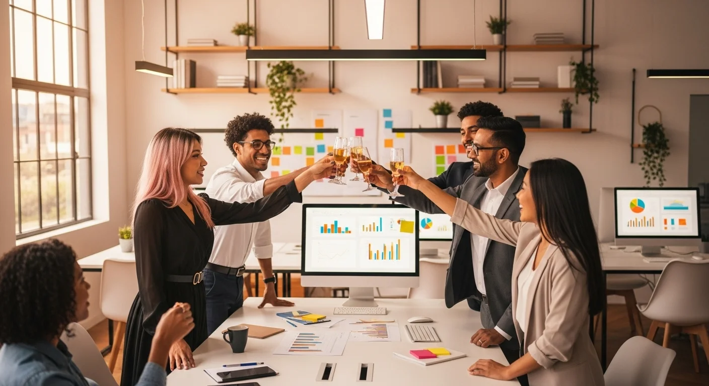 Un grupo de empresarios jovenes celebrando el éxito de su proyecto innovador en una oficina moderna tipo startup.