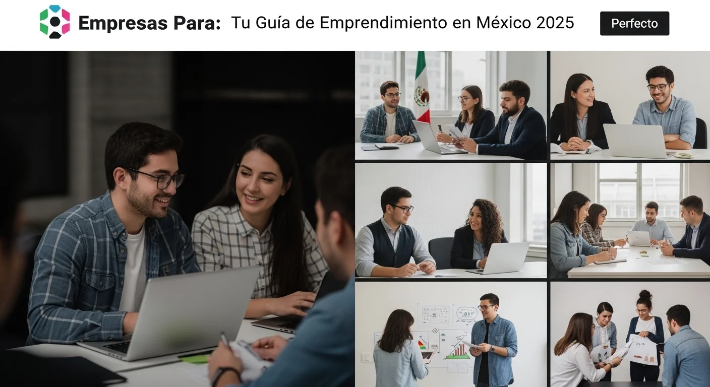 Collage de imágenes que representan el emprendimiento en México, con startups, reuniones de equipo y tecnología.
