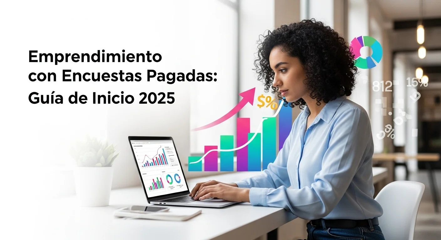 Una persona joven en México trabajando en una laptop, simbolizando el emprendimiento digital a través de encuestas pagadas, con gráficos de crecimiento al fondo.
