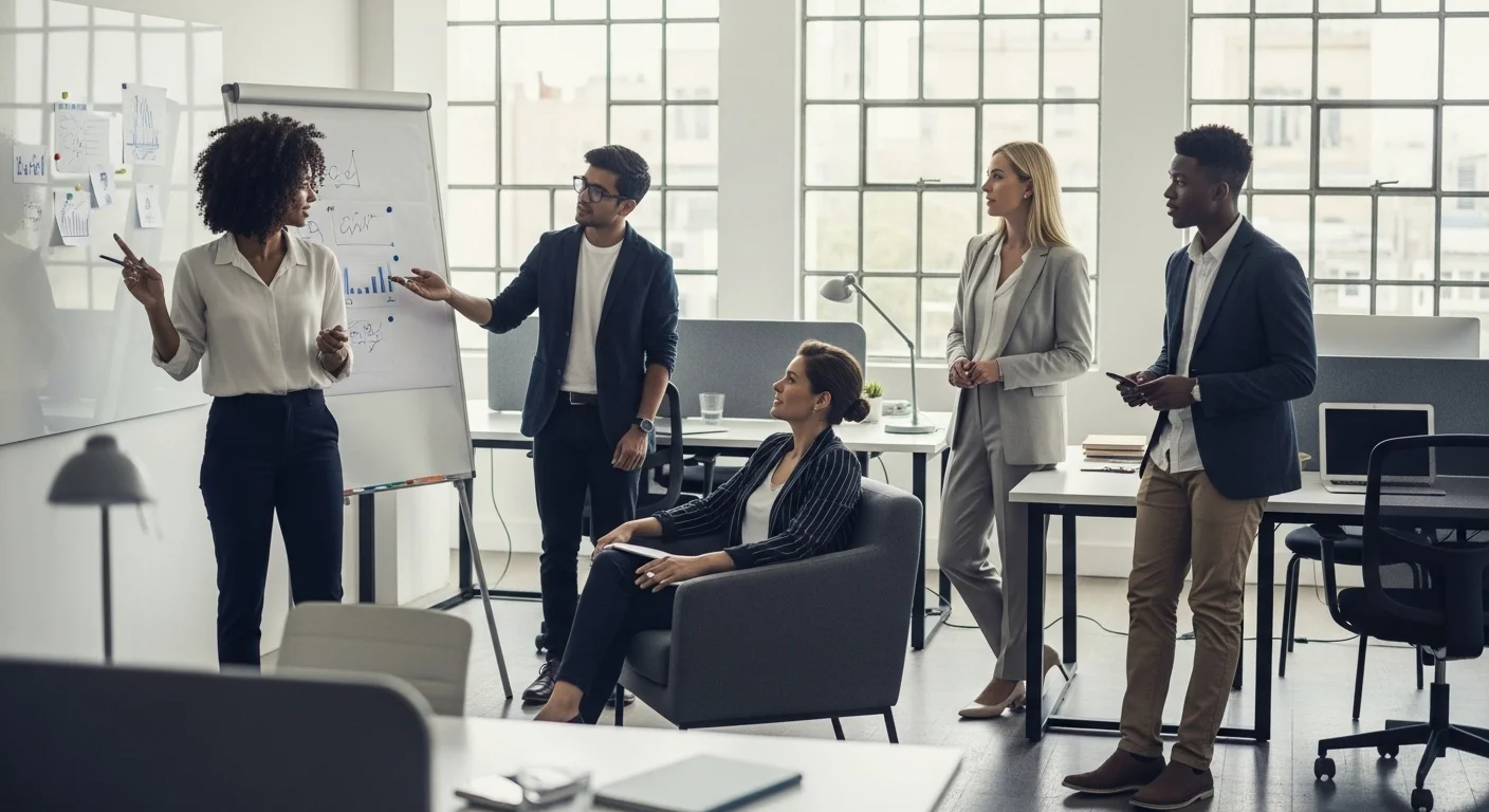 Imagen de un grupo diverso de emprendedores colaborando en una oficina moderna de una startup, simbolizando el ecosistema de emprendimiento y el concepto de entrepreneur.
