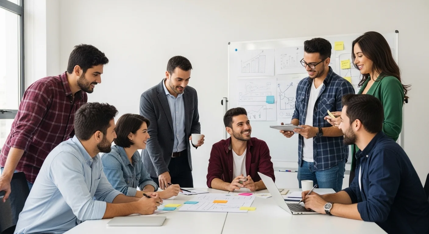Equipo diverso de una startup en México en una sesión de lluvia de ideas, representando la fase de escalamiento y colaboración en el emprendimiento.