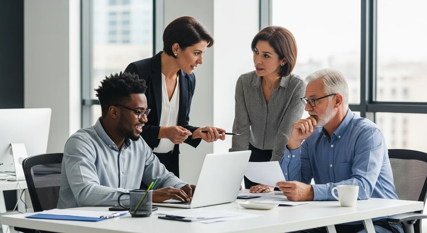 Equipo de emprendedores exitosos colaborando en una oficina moderna, representando el trabajo en el mundo de emprendedores y startups.