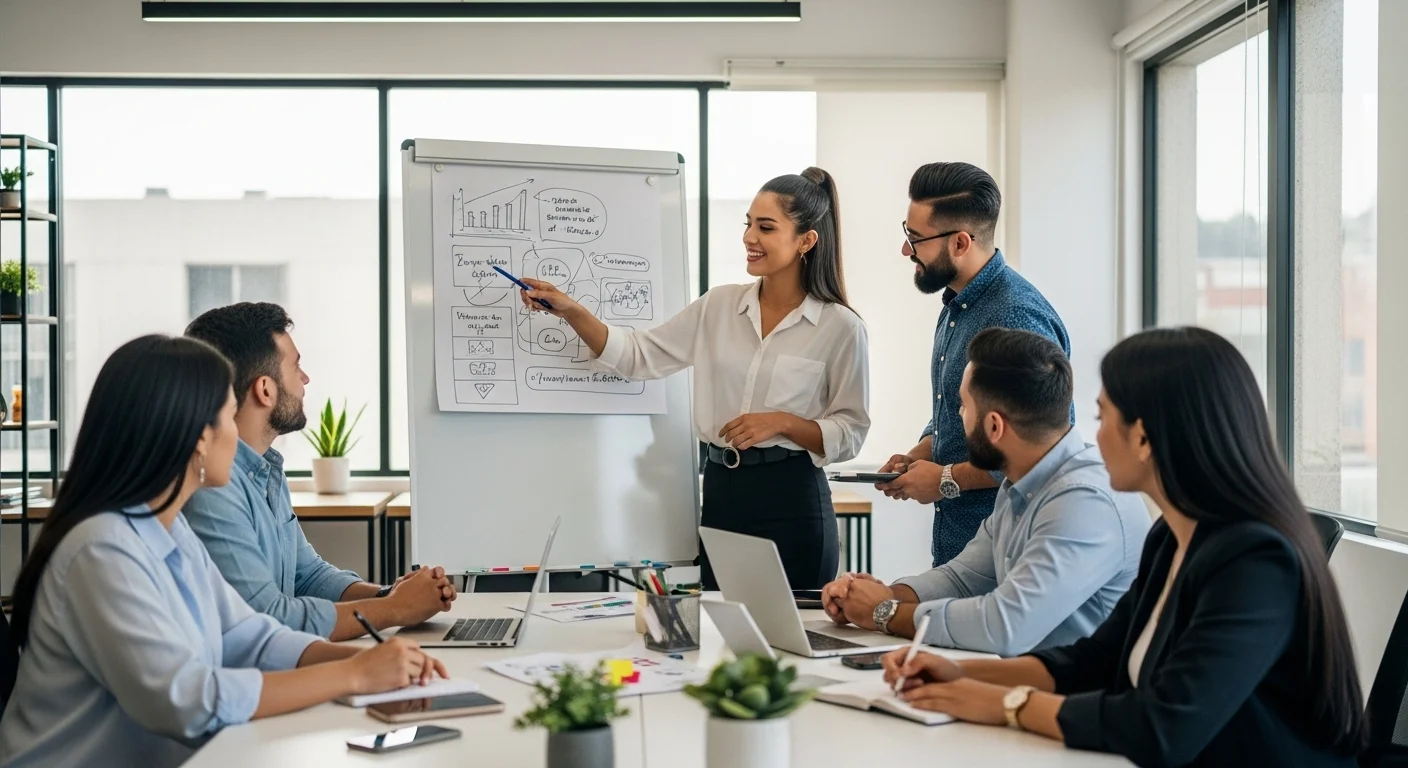 Equipo diverso de emprendedores trabajando en una startup en una oficina moderna en México, discutiendo sobre emprendimiento y planes de negocio.