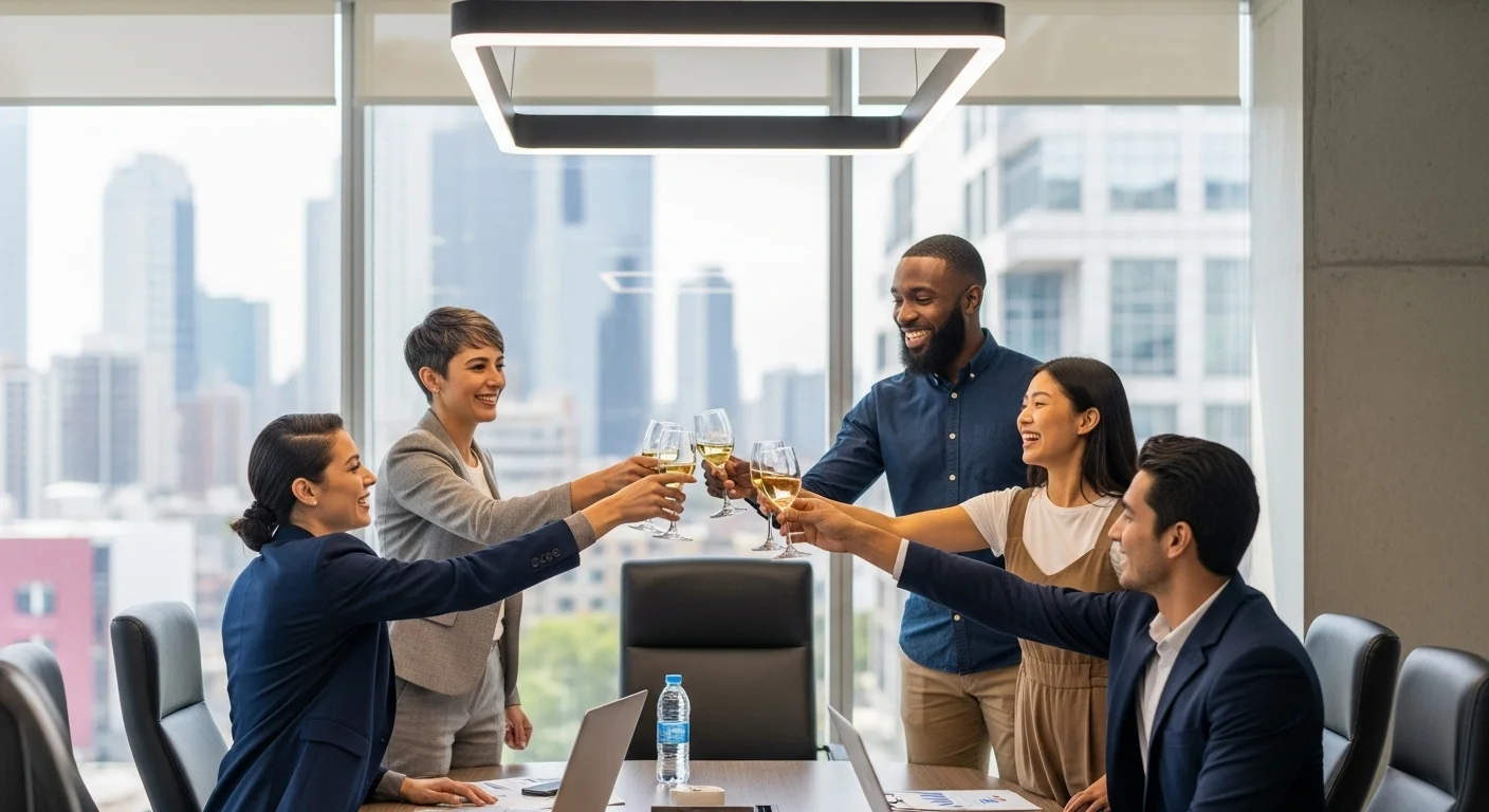 Equipo de una startup mexicana celebrando en una sala de juntas después de comprar una empresa competidora, simbolizando el crecimiento del emprendimiento.