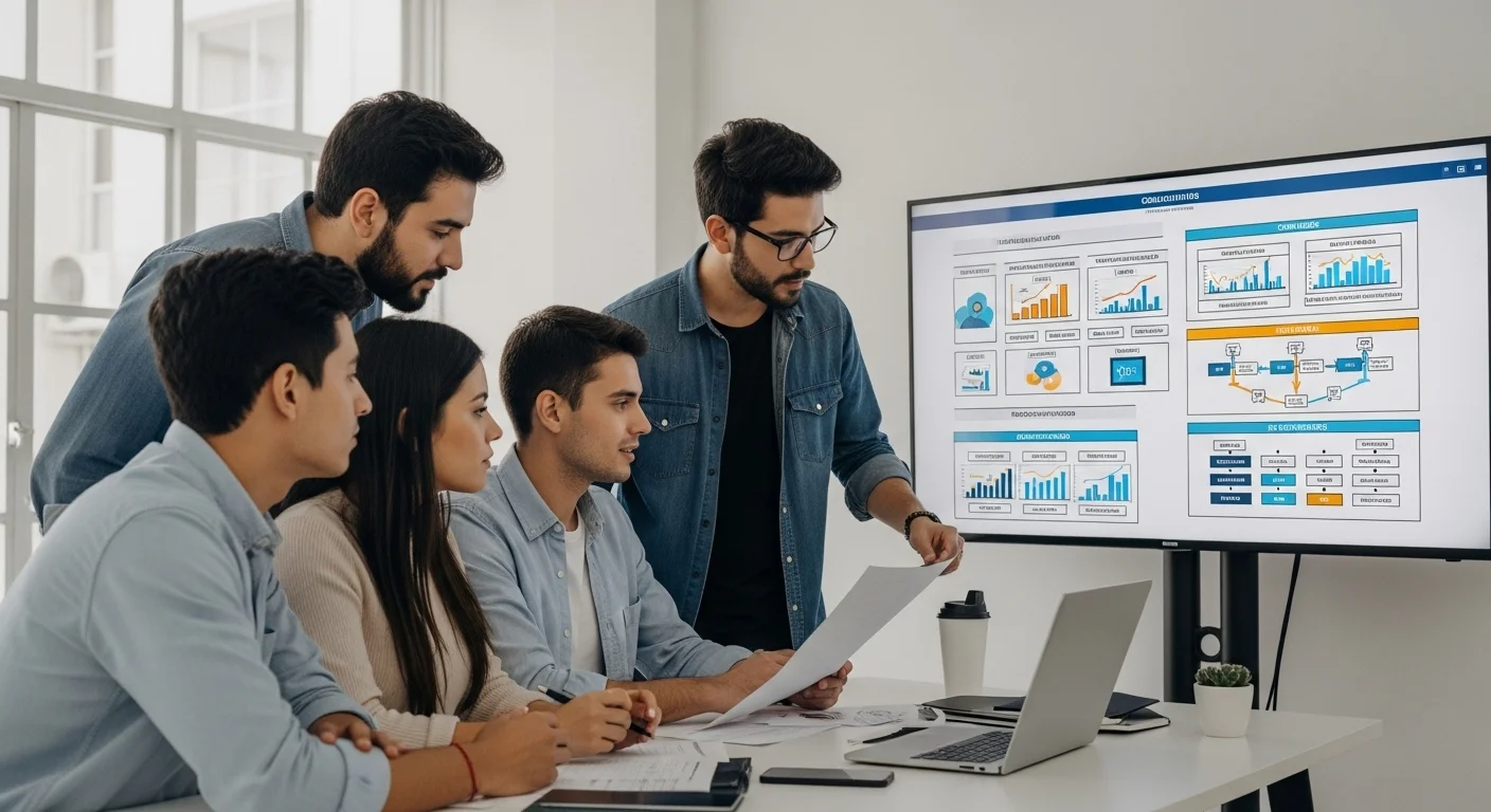 Equipo de una startup mexicana en una reunión, discutiendo un plan de ciberseguridad en una pantalla, representando la protección de datos y el crecimiento empresarial.