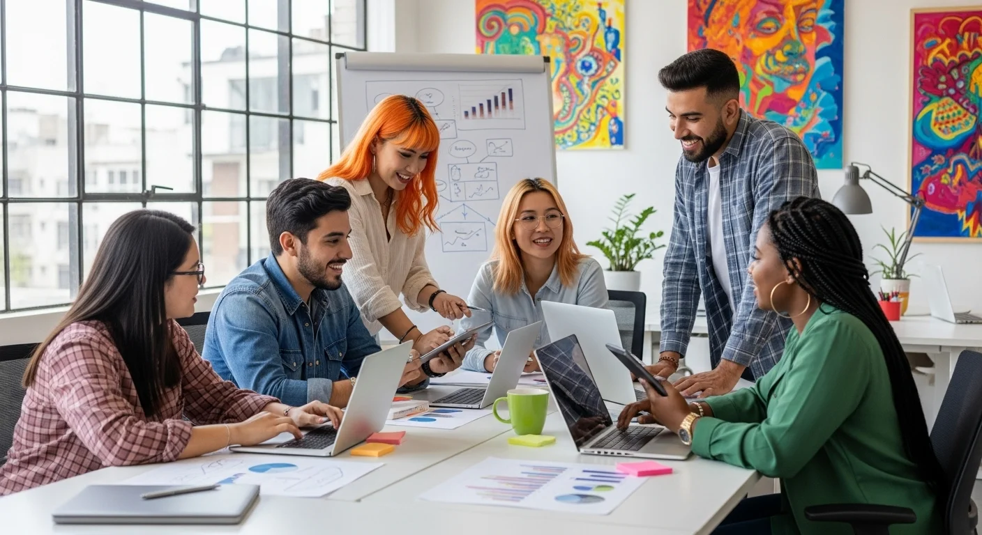 Equipo de jóvenes profesionales colaborando en la oficina de una startup, planificando proyectos emprendedores innovadores en México.