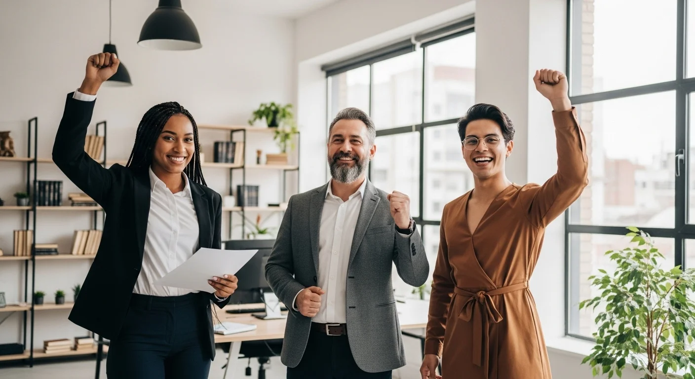 Equipo diverso de una startup mexicana en una oficina moderna, celebrando el éxito obtenido gracias a una buena gestión y finanzas sanas.