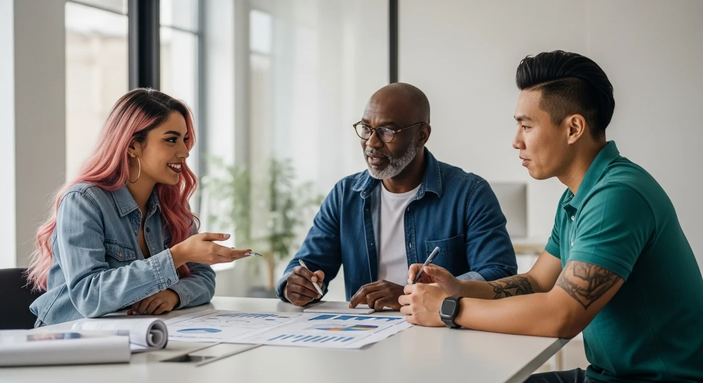 Equipo de una startup mexicana diversa colaborando en una mesa de juntas, discutiendo sobre cómo emprender un negocio y escalar.