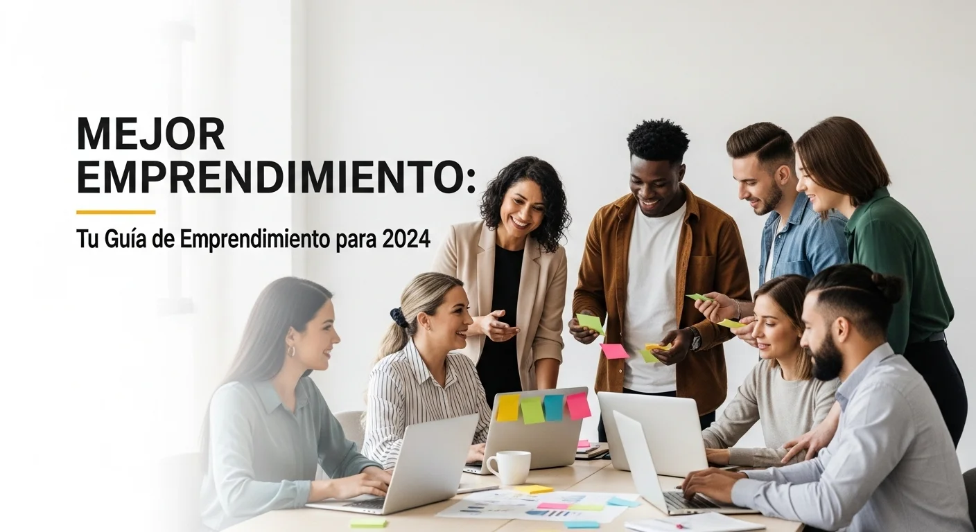 Equipo diverso de emprendedores en una oficina moderna en México, colaborando en el desarrollo del mejor emprendimiento con laptops y notas adhesivas.