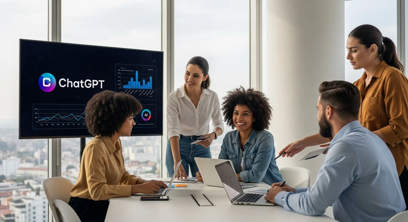 Equipo diverso de una startup mexicana en una reunión estratégica, con gráficos de IA y el logo de ChatGPT en pantalla, planeando su crecimiento.