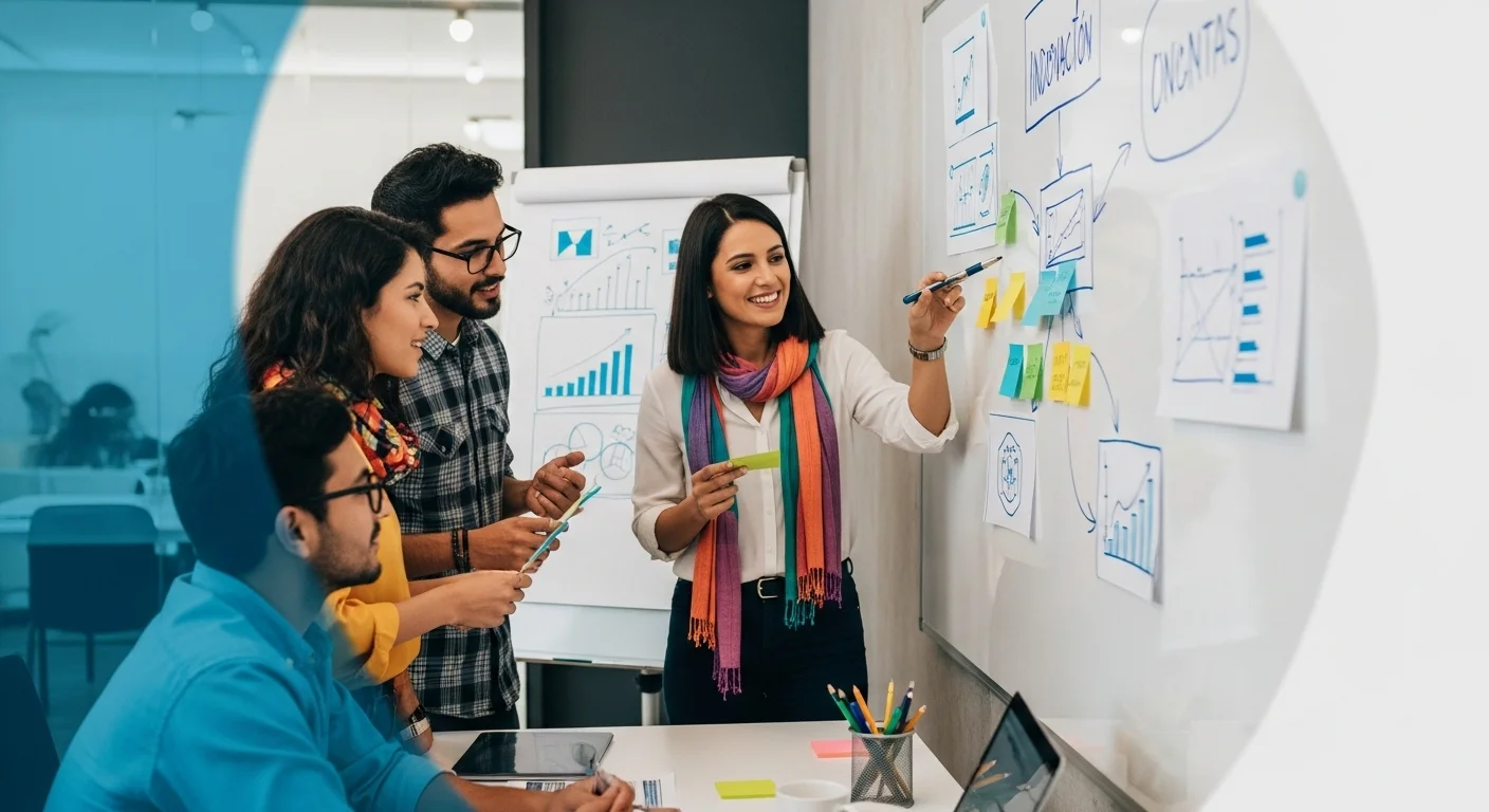 Equipo diverso de una startup mexicana colaborando en una pizarra, discutiendo sobre innovación y transformación digital.