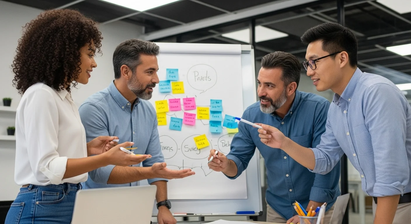 Un equipo diverso de una startup mexicana colaborando frente a una pizarra blanca con notas adhesivas, discutiendo ideas para montar un negocio.