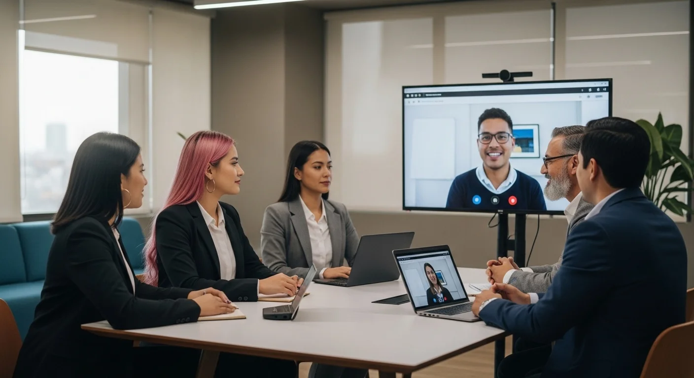 Equipo de una startup en México durante una reunión estratégica bajo un modelo de trabajo híbrido, combinando presencia física y virtual.