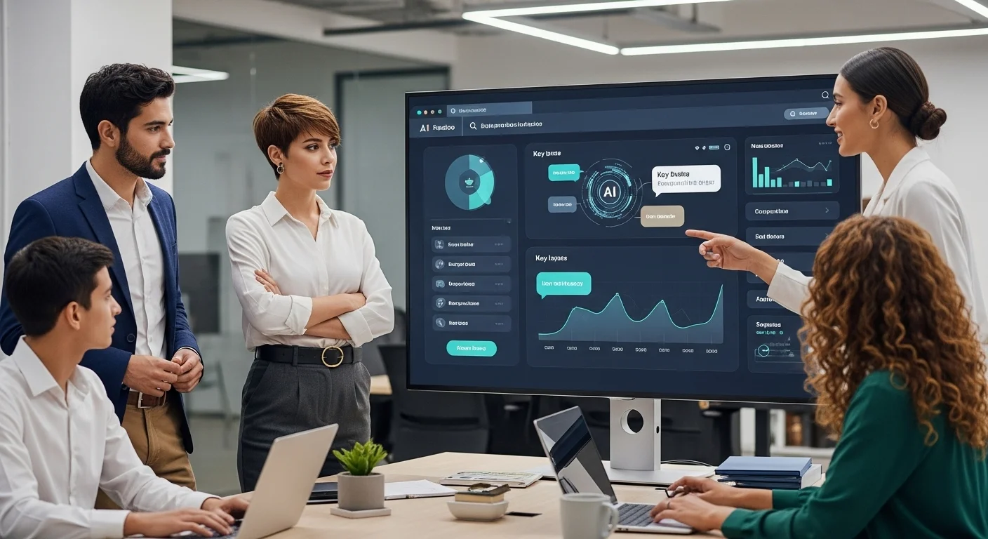 Equipo diverso de una startup en una oficina moderna en México, colaborando alrededor de una pantalla que muestra un dashboard de análisis generado por un chat de IA.