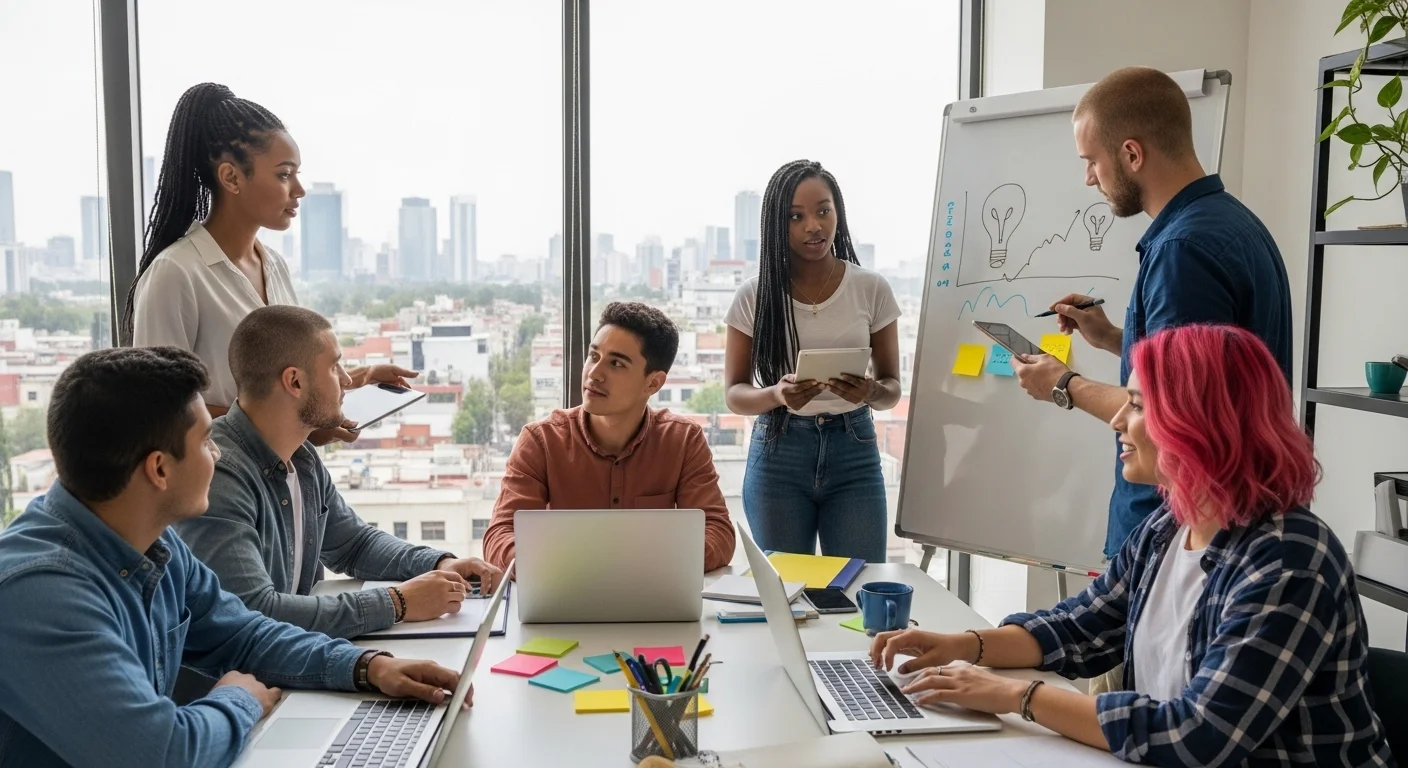 Equipo diverso de una startup en México en una reunión creativa, haciendo una lluvia de ideas para resolver el problema de 'quiero emprender un negocio pero no se de que'