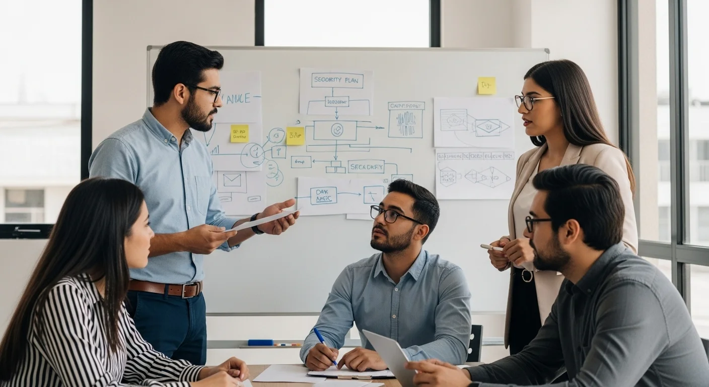 Un equipo de una startup mexicana en una reunión discutiendo un plan de seguridad de la información frente a una pizarra.