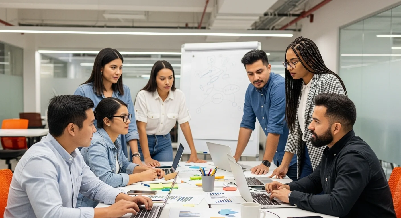 Equipo diverso de una startup de tecnología en México colaborando en una oficina moderna, representando el ecosistema emprendedor.