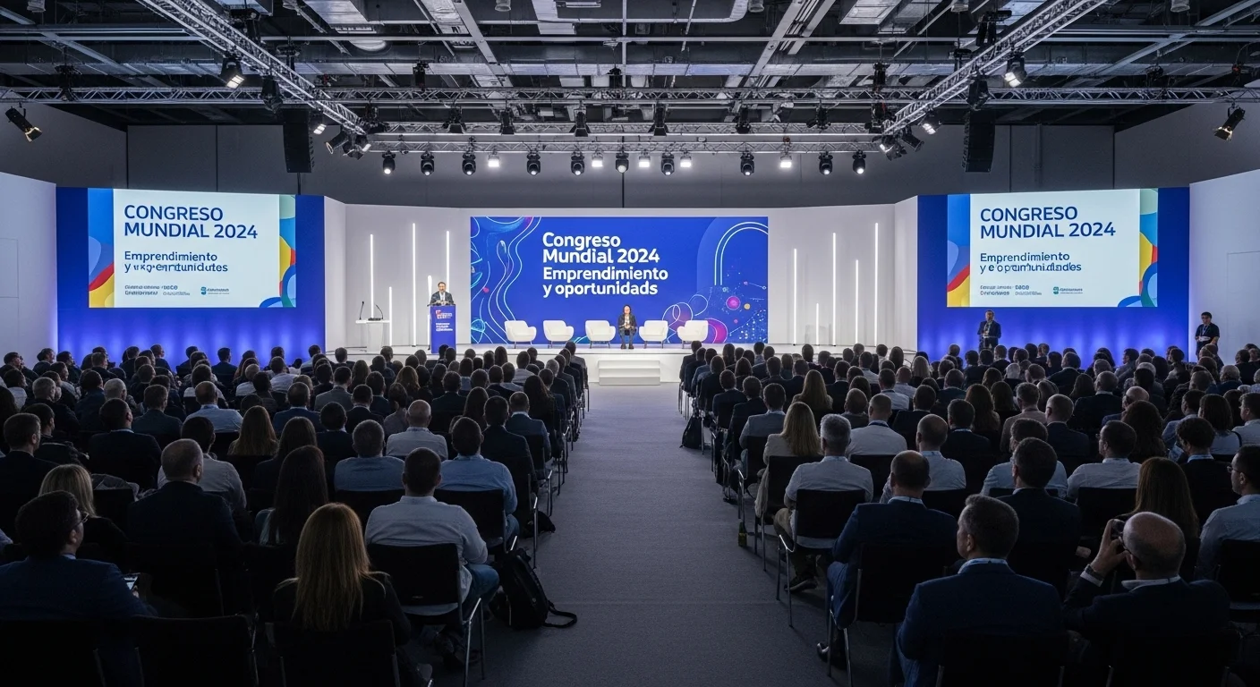 Escenario de un congreso mundial sobre emprendimiento y startups, con luces y una audiencia grande.