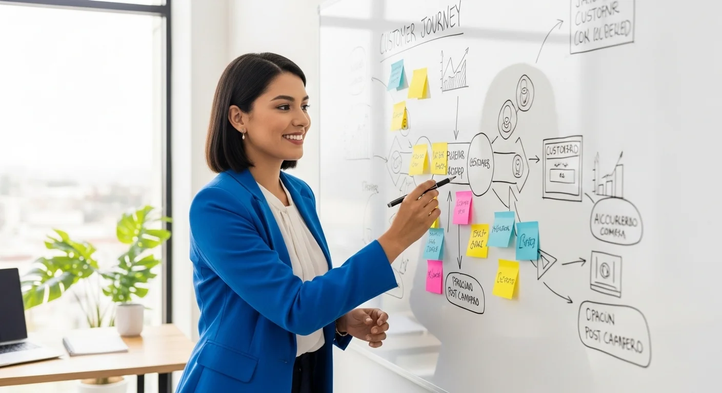Emprendedora mexicana diseñando un mapa de viaje del cliente (customer journey map) en un pizarrón.