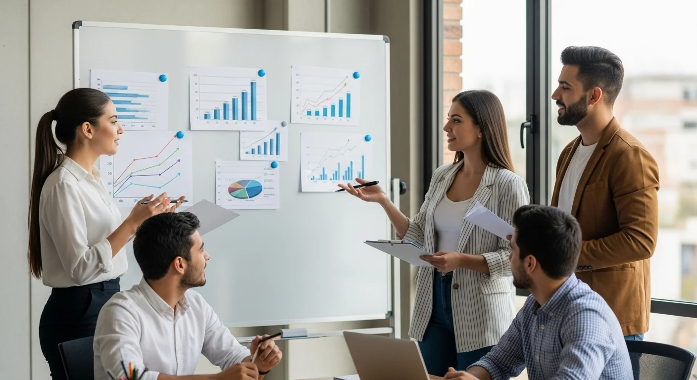 Equipo de emprendedores en una startup mexicana discutiendo la estrategia de negocio frente a una pizarra con gráficos de crecimiento.